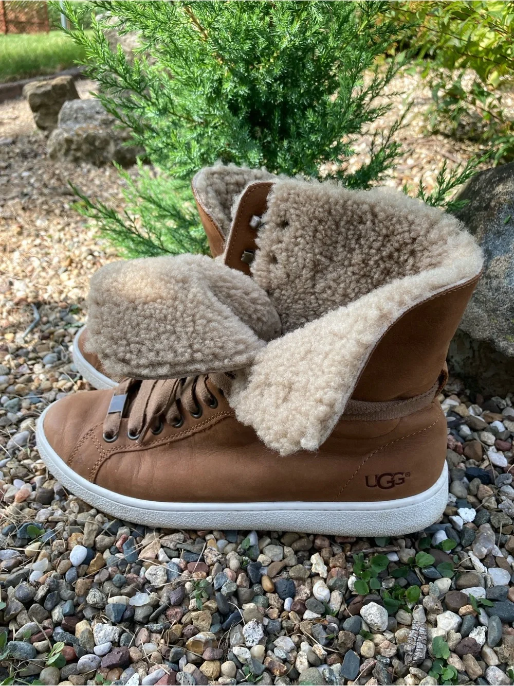 Ugg Size 8.5 Starlyn Shearling high top brown leather lace up sneakers